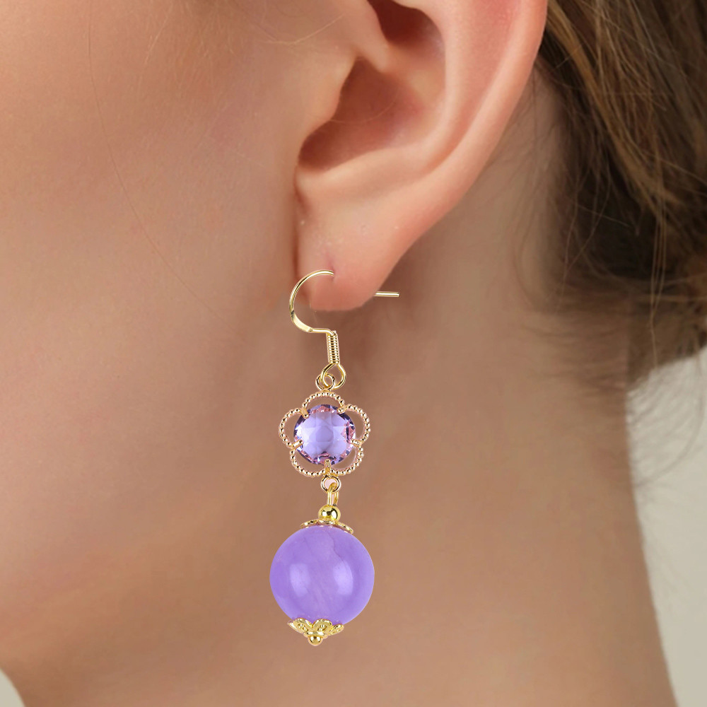 Handmade Crystal Stone Earrings Purple Chalcedony Gemstone Beaded Pendant Earrings Healing Crystal Stone Earrings