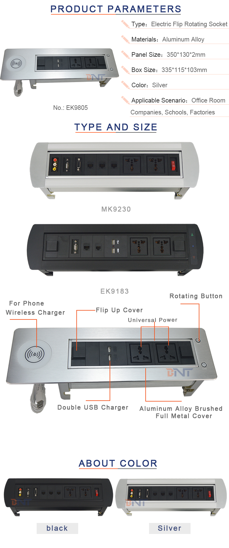 BNT Factory customized hidden table design desk electrical flip up mounted socket with phone wireless charger