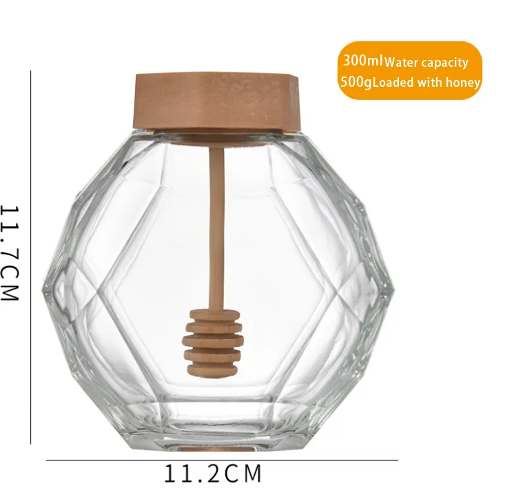 300ml Customized Hexagon Glass Honey Jars with Cork Sealing Type and Wooden Dipper
