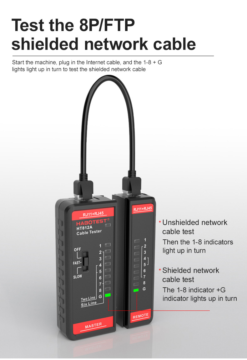 HABOTEST HT812 Network Cable Tester RJ11 RJ45 Dual-use Tester LED Status Display NC/HDMI Repair