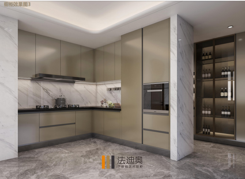 Full Encompassing Modern Kitchen Cabinet With Mica Brown Finish And Central Square Island