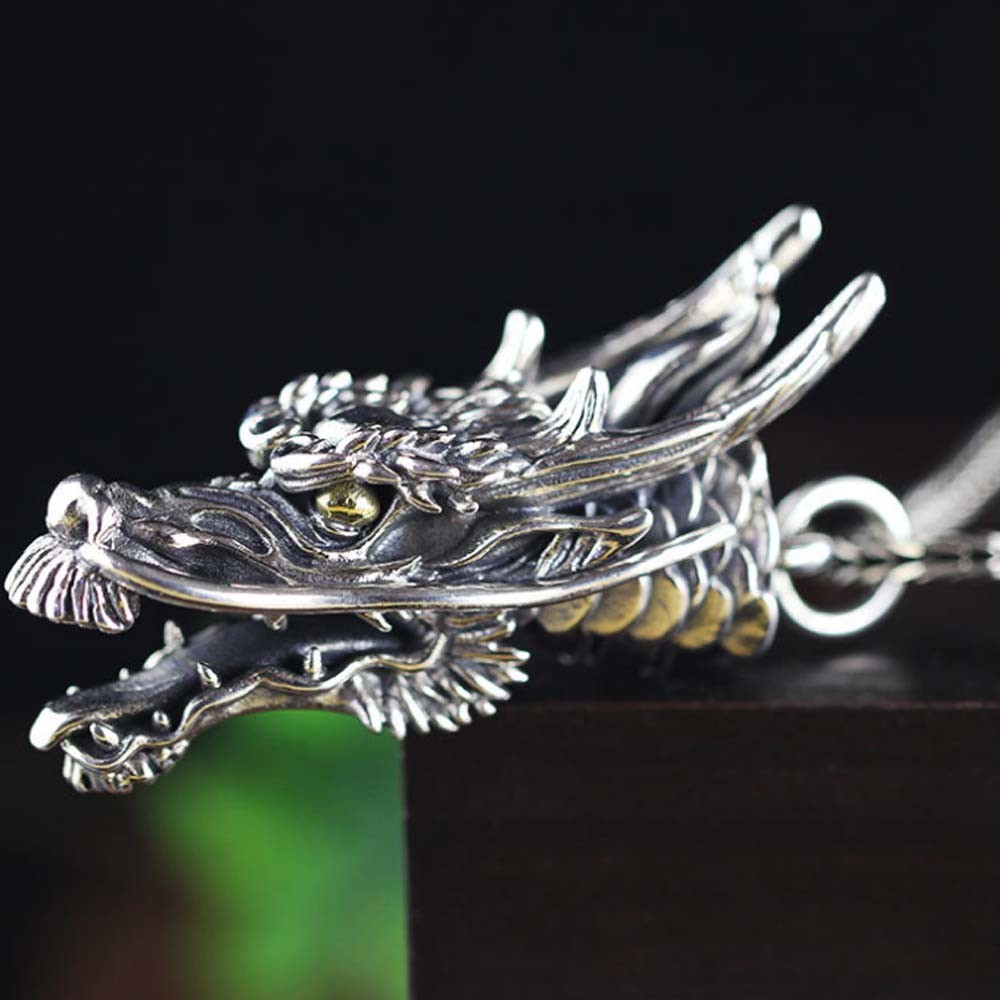 Men Necklace Retro 925 Sterling Silver Dragon Head Pendant Silver Wheat Chain Necklace (DZ020998)