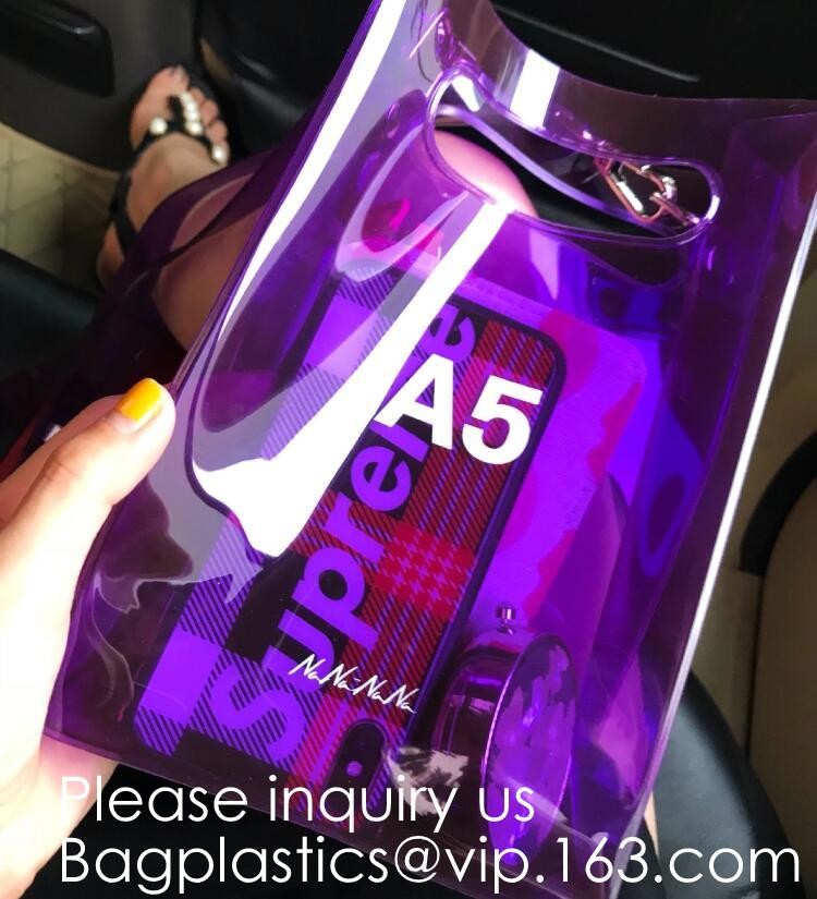 Waterproof All Over Printing PVC Coating Tote Shoulder Fabric Shopping Bag With Gusset And Lining,Jelly Clear Plastic PV