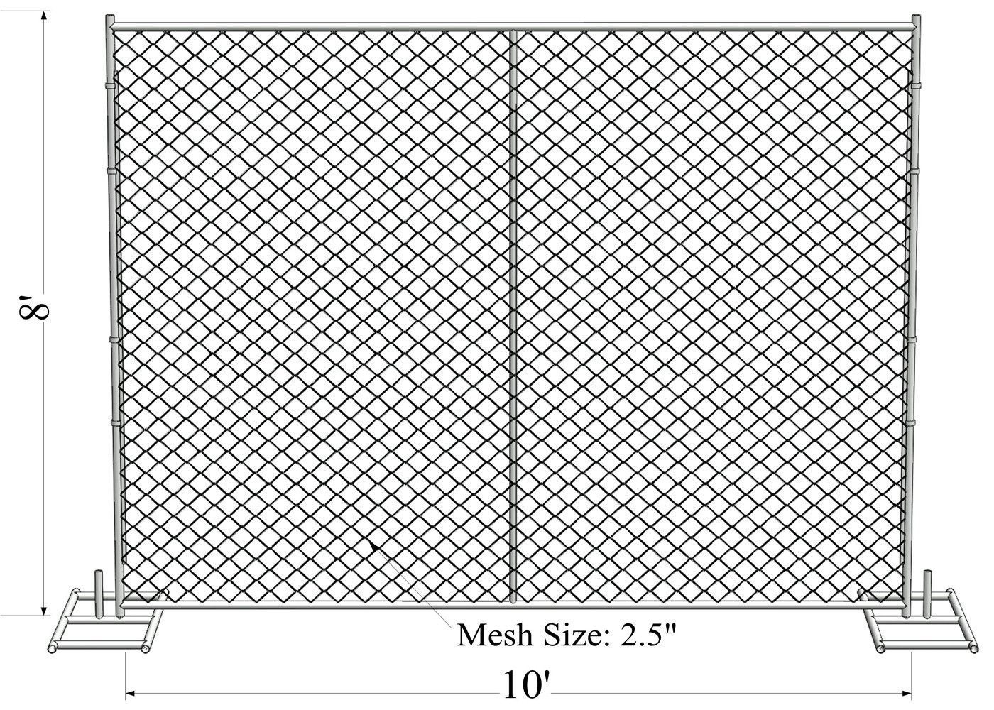 8ftx12ft 1830mm x 2650mm tubing 1½"(38mm) cross brace temporary chain link fence mesh spacing 2¼"x2¼"(57mmx57mm)