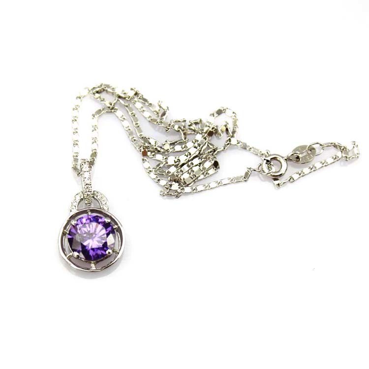 Sterling Silver 9mm Round Amethyst Cubic Zircon Pendant 925 Silver Chain (PSJ045)