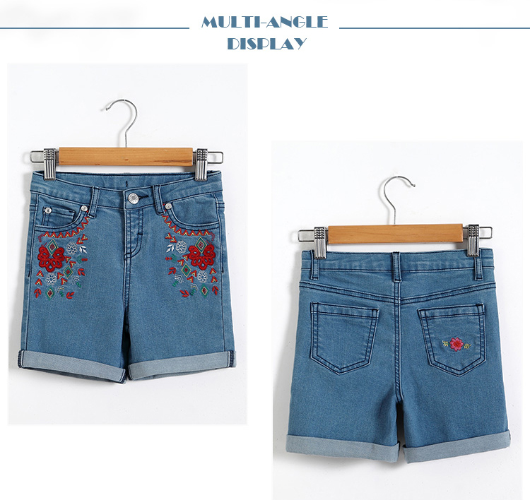 Flower Embroidery Girls Denim Shorts Knee Length With Adjustable Size Waist
