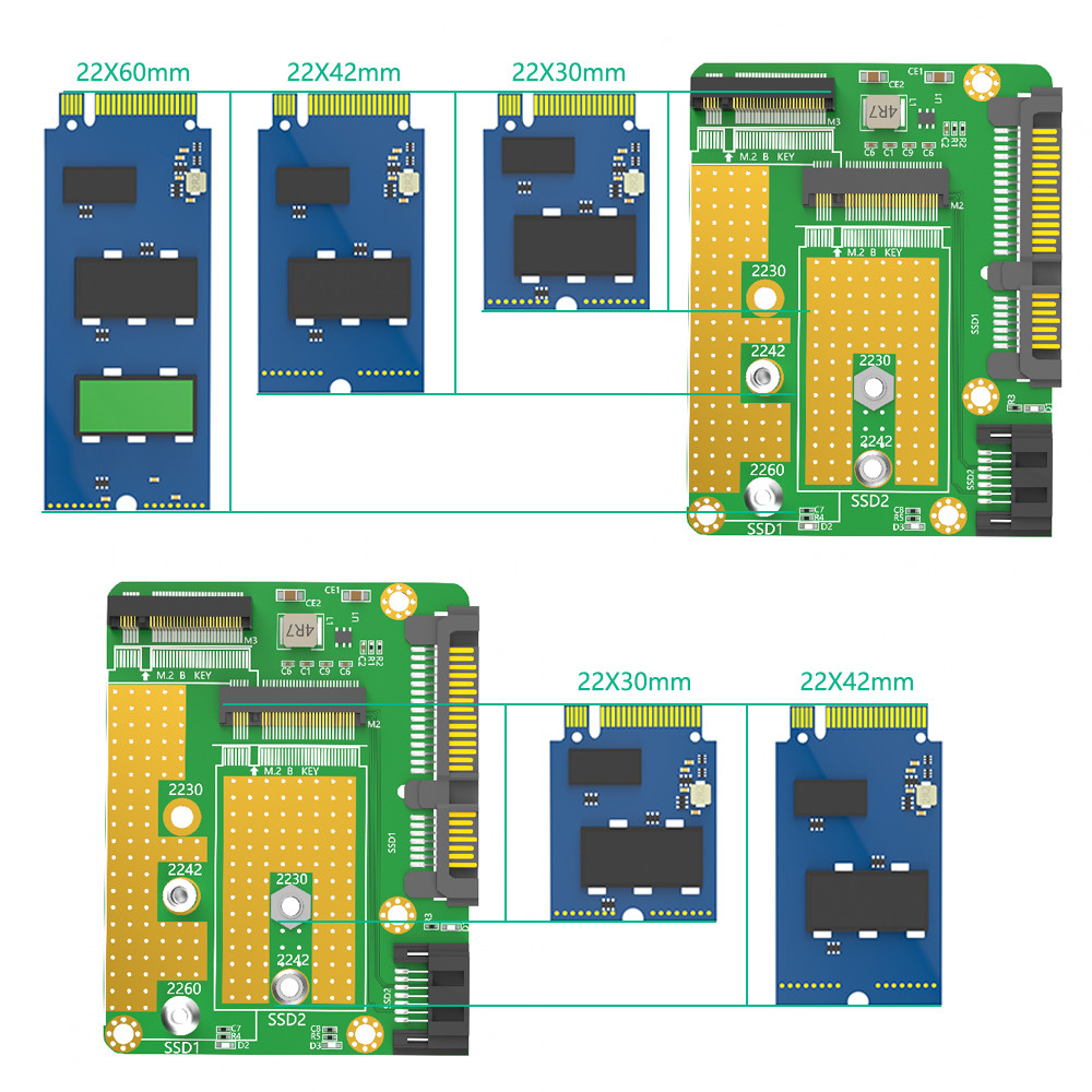 SATA 3.0 22PIN Interface to 2 x NGFF M.2 Key-B Key B+M SATA SSD Adapter Converter Card With SATA 7Pin Data Cable