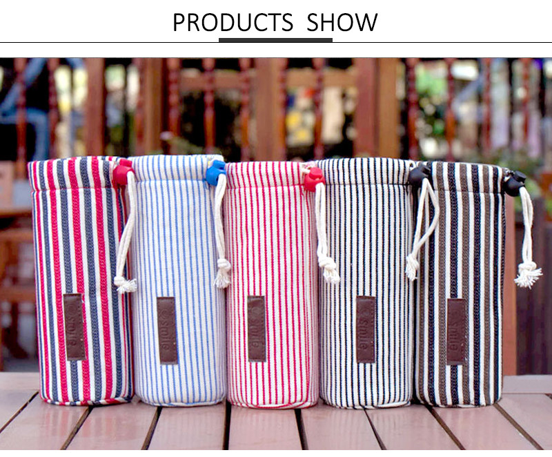 Waterproof Cotton Drawstring Stripe Water Glass Bottle Cover Carry Bag