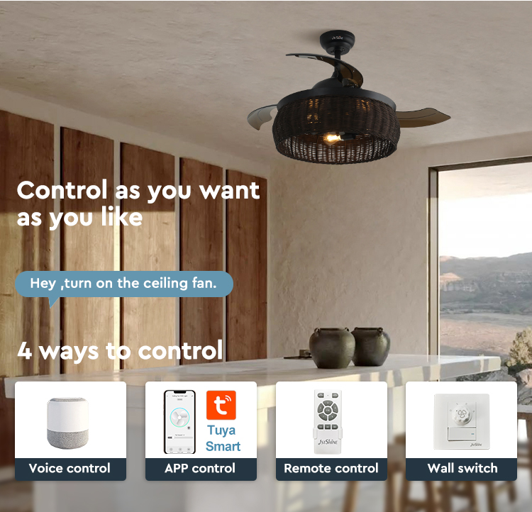 1stshine Rattan Weaving Ceiling Fan with Old-Fashioned Design and Invisible Blades