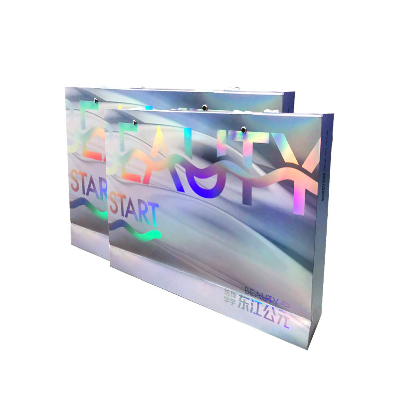 boutique Custom Printed Paper Bags Holographic Shopping Bag With Ribbon Handle