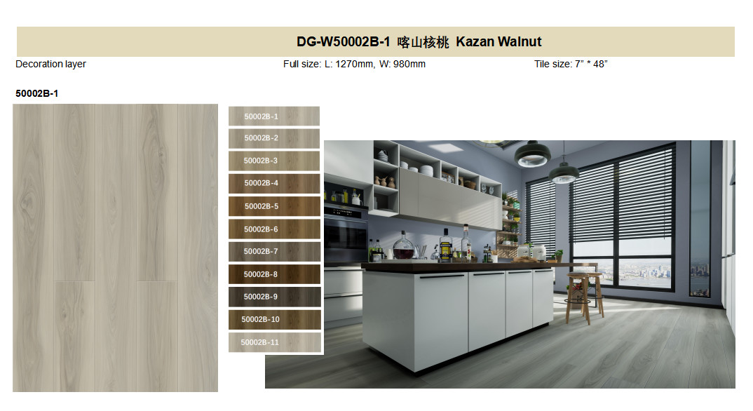 Eco Friendly Stone Plastic Composite Vinyl Flooring 7x48'' Seamless Kazan Walnut Burlywood Wood Grain GKBM DG-W50002B