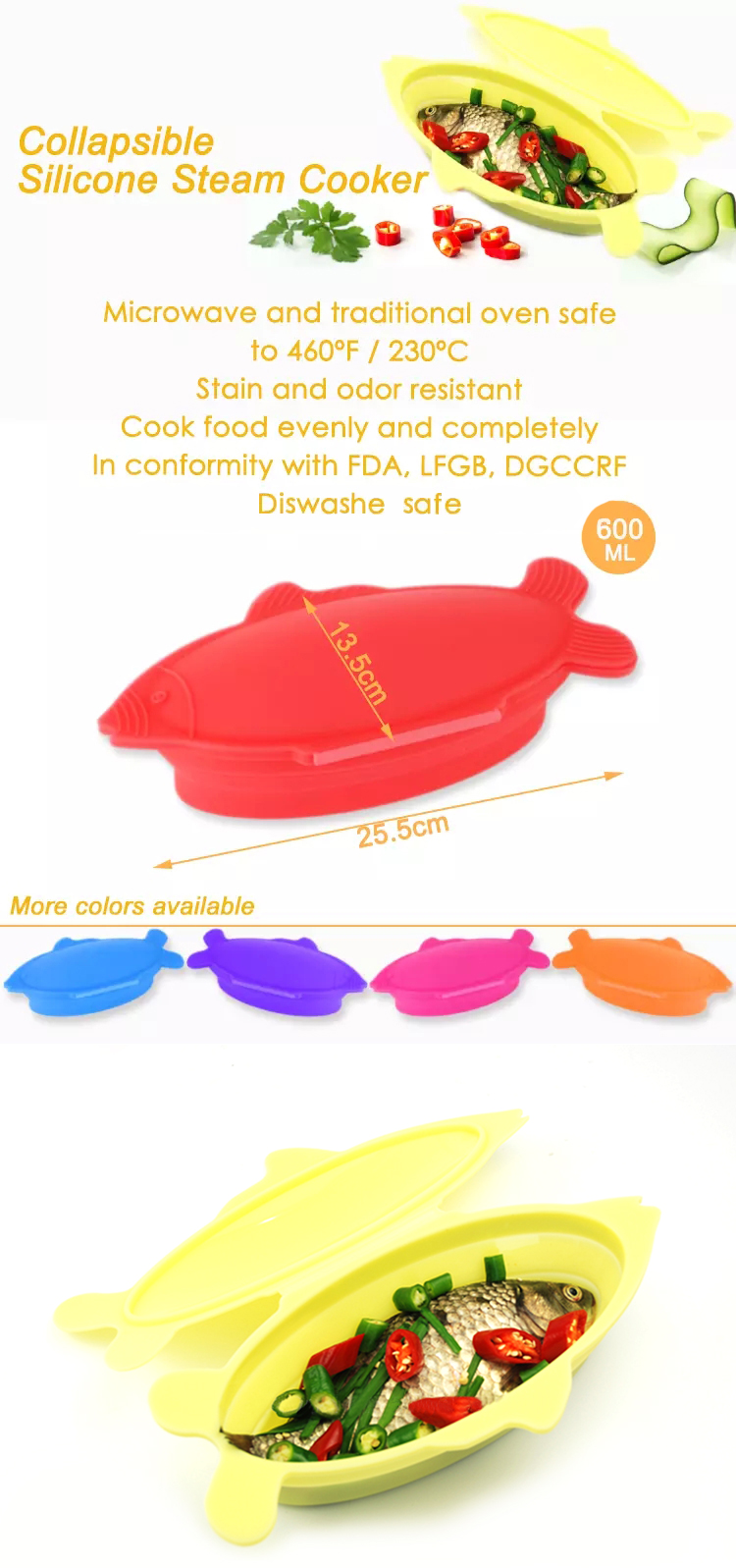 OEM Logo Sustainable Fish Shape Collapsible Silicone Steamer