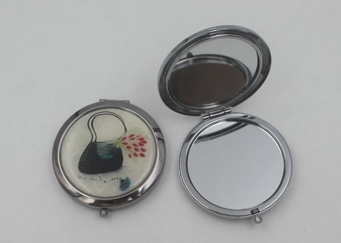 Silver Metal Hand Travel Round Makeup Mirror 2 Sided For Advertising In Supermarket