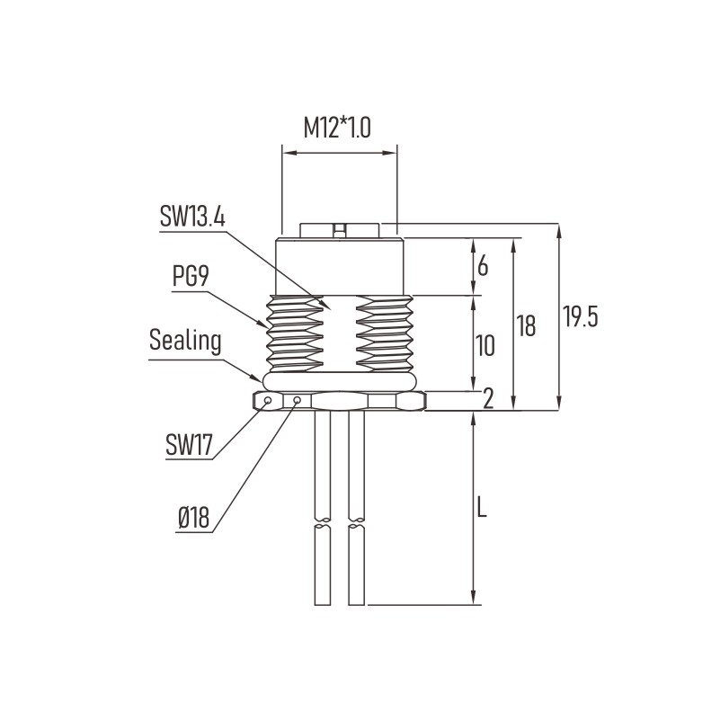 Pg9 Chassis Side Thread M12 Panel Connector 17 Pin Front Mount With 0.5m Single Wires