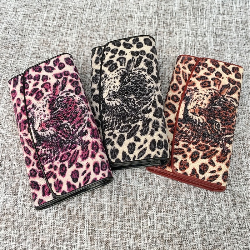 Authentic Stingray Skin Leopard Tiger Designer Long Wallet Genuine Leather Women Large Clutch Purse Lady Card Holder