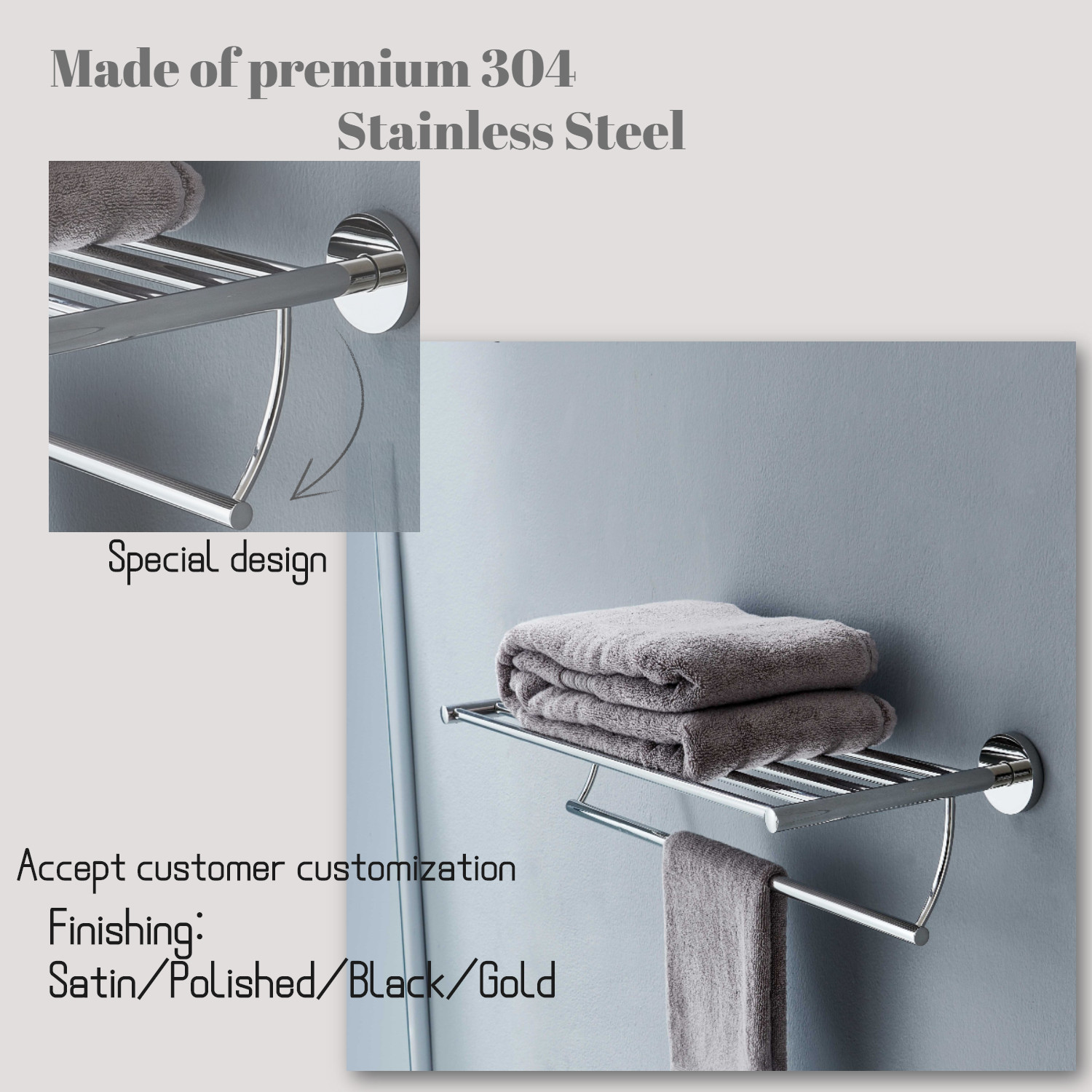 Polished Finish Bathroom Towel Racks Sus 304 Towel Shelf 25.6 Inch