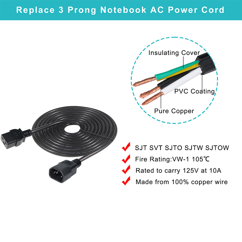 16 Amp AC Power Cable Industrial C14 Plug VDE Power Cord 15A 250V 14AWG