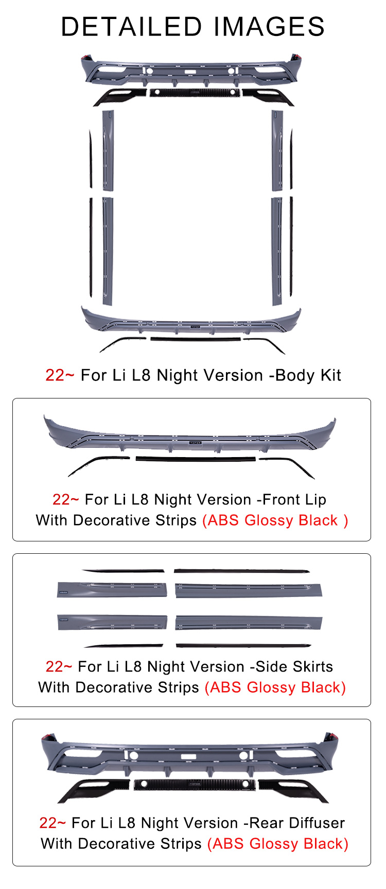 Unpainted Car Accessories For L8 Body Kits for EV Series ABS PP Diffuser Lip Aprons Splitter Car Bumpers For Lixiang L8