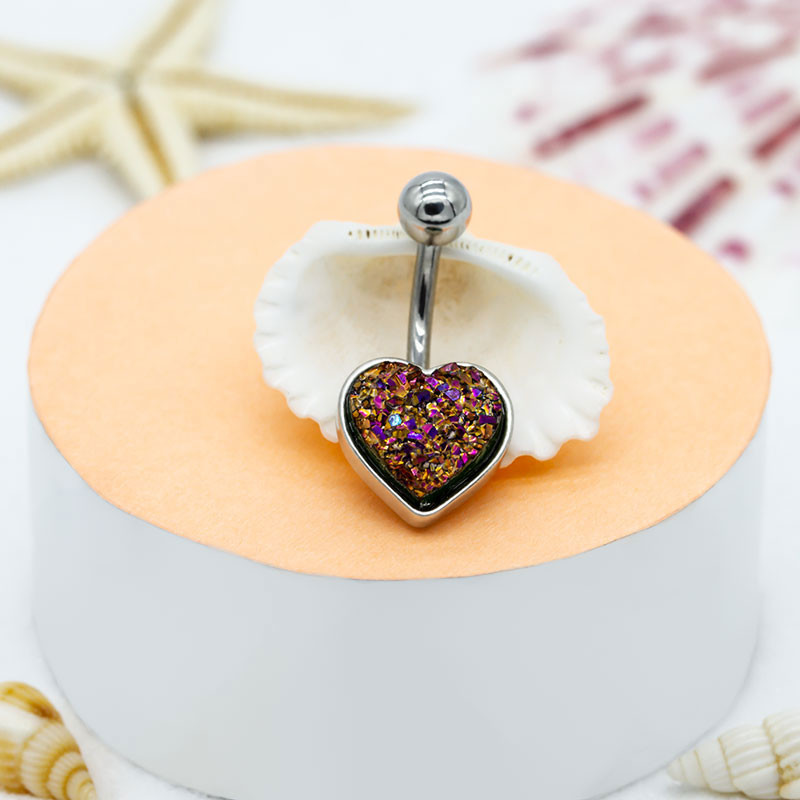 Hypoallergenic Belly Button Rings Rainbow Crystal Love Heart Dangle Navel Jewelry