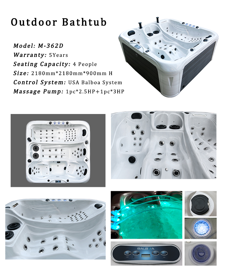 Deluxe Big Size Square Acrylic Bath Tub Whirlpool For Jacuzzi
