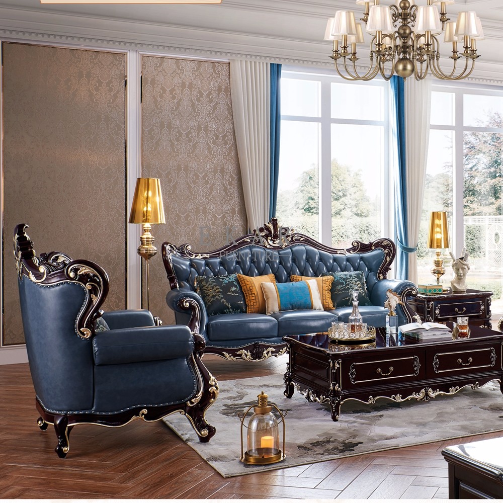 Wooden Set Leather Luxury Couch Living Room Sofa