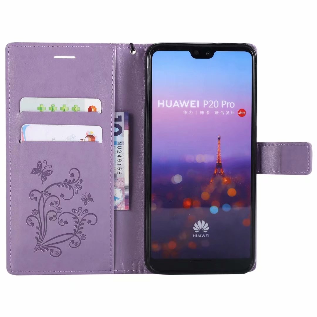 Huawei P20 Pro Embossing 3D Butterfly Leather Bracket Stand Wallet Case with wristlet strap