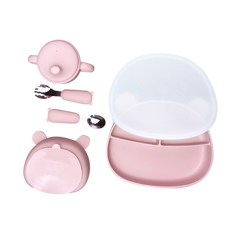 Bear Shape Silicone Baby Feeding Set 6Pcs BPA Free Suction Bowl With Lid