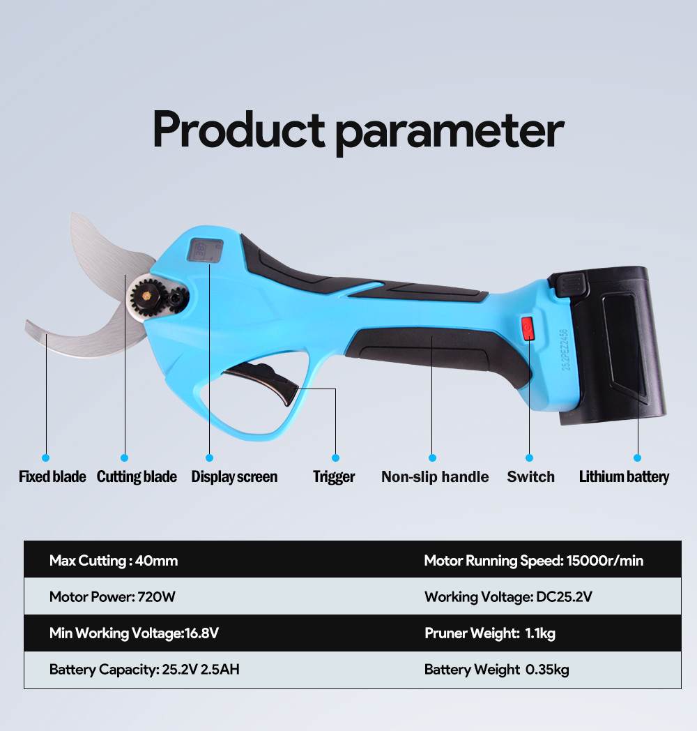 40mm Electric Garden Pruner China Pruning Shears With LED And 3 Batteries For Orchards And Vineyards