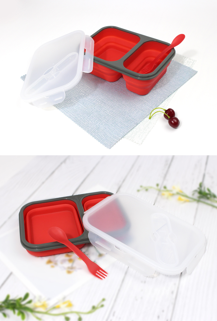 Collapsible Silicone Bento Food Container Microwavable With 2 Compartments