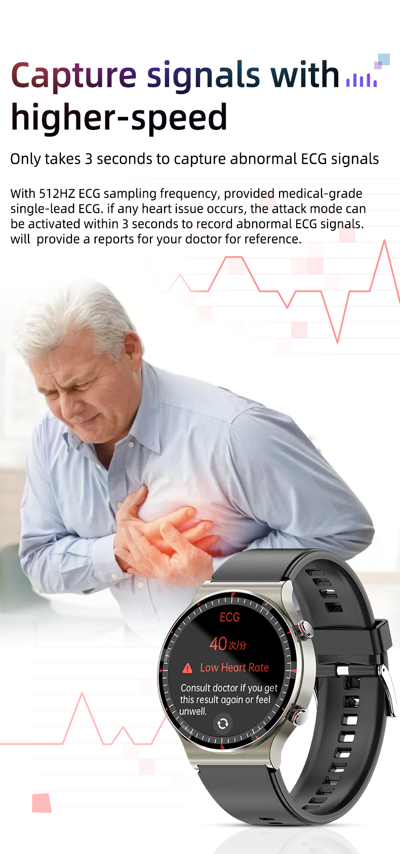 Ladies Medical Grade ECG Smart Watch Full Touch Screen 1.3 Inch ODM