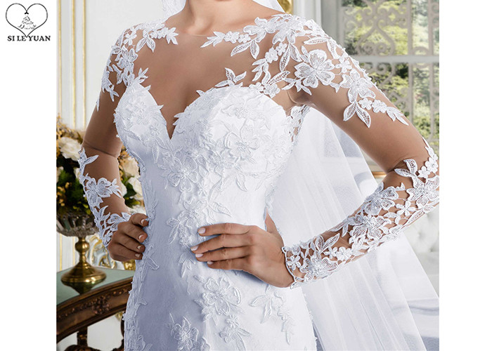 Pure White Mermaid Lace Bridal Gowns Long Sleeve Perspective Back Grace Tulle