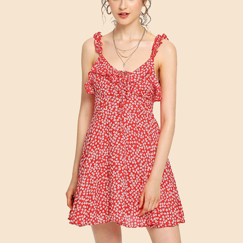 2018 fashion summer ruffle floral red mini backless dress for women