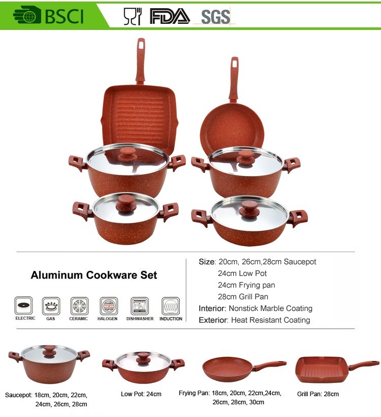 stainless steel lid red stone aluminum color cookware set 10 pcs FDA approval