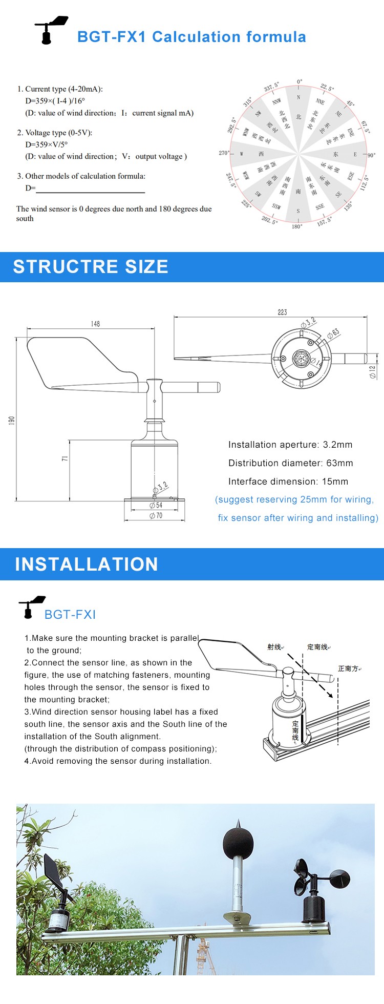 BGT-FX1 4-20mA 0-5V RS485 Arduino Zigbee Wind Direction Sensor for Agriculture