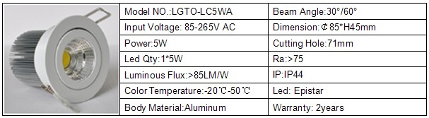 5W COB led ceiling downlight CE&RoHS certificates