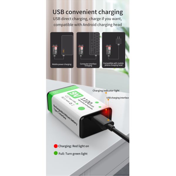 1100mAh 9V Lithium Rechargeable Battery Pack USB-C For Power Tools And Home Appliances
