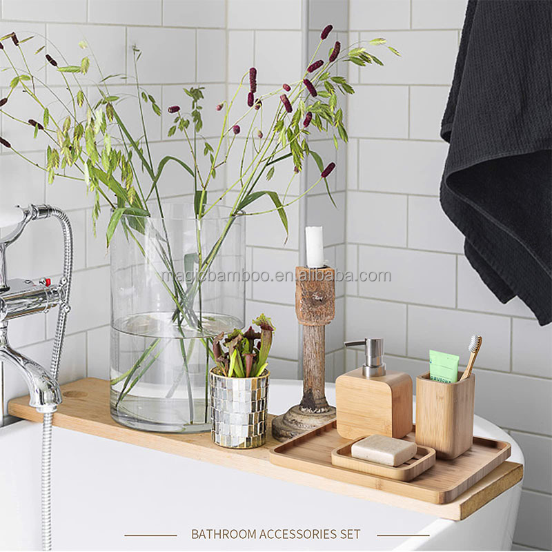 4pcs Natural Bamboo Bathroom Accessories Set For Hotel House Office Toilet