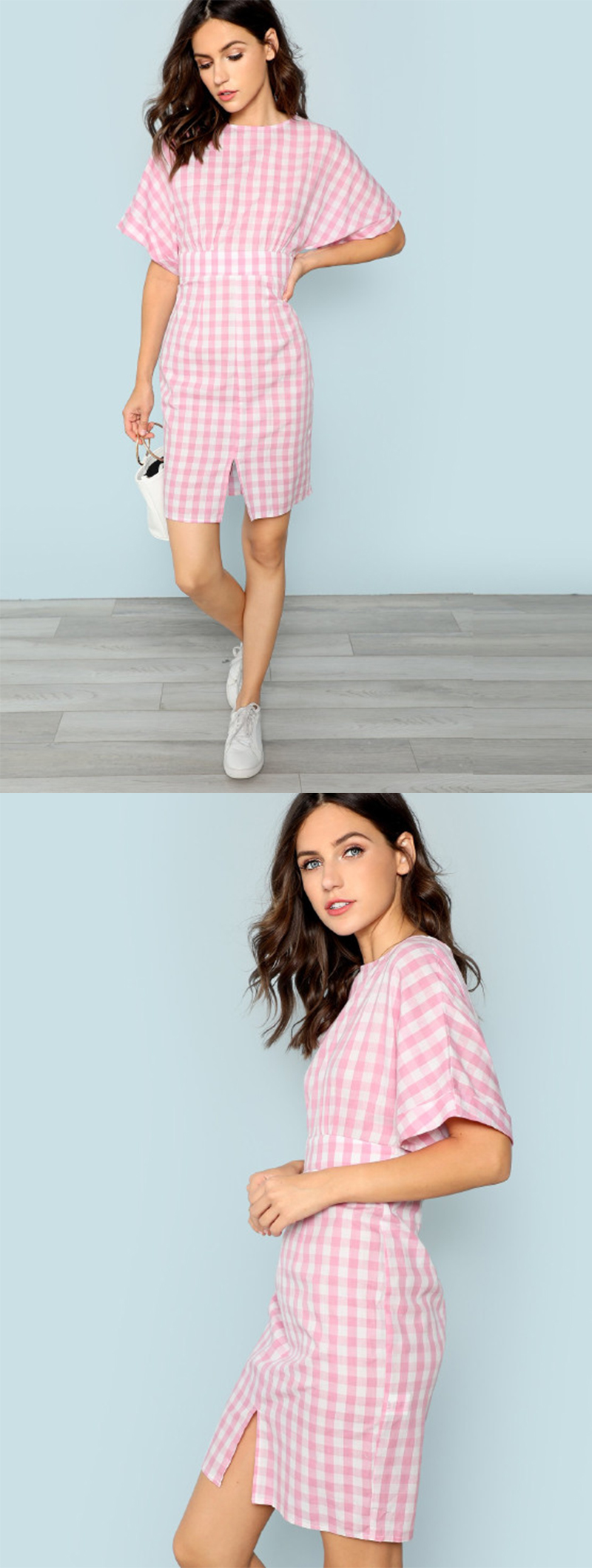 Fall Apparel For Women Rolled Up Sleeve Wide Waistband Plaid Dress