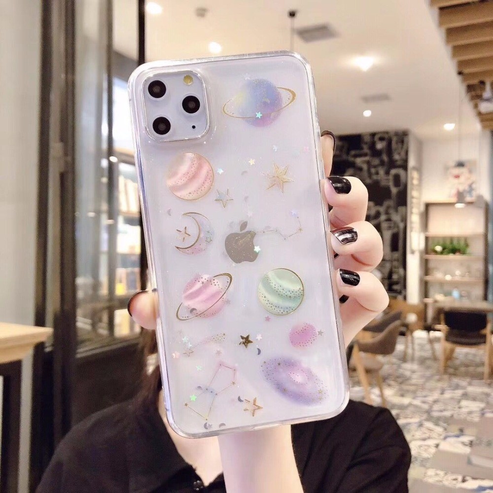 Shine Glitter Shockproof Phone Cases Gold Foil Moon Space For Iphone 11 Pro Max
