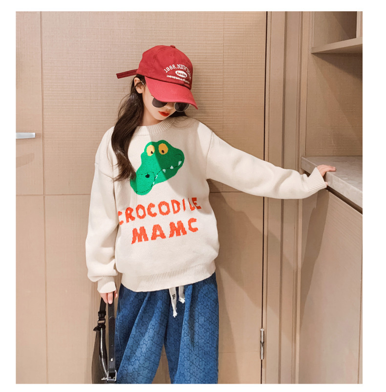 Creative Pattern Warm Little Girls Clothes Round Neck Knit Sweater Pants Set