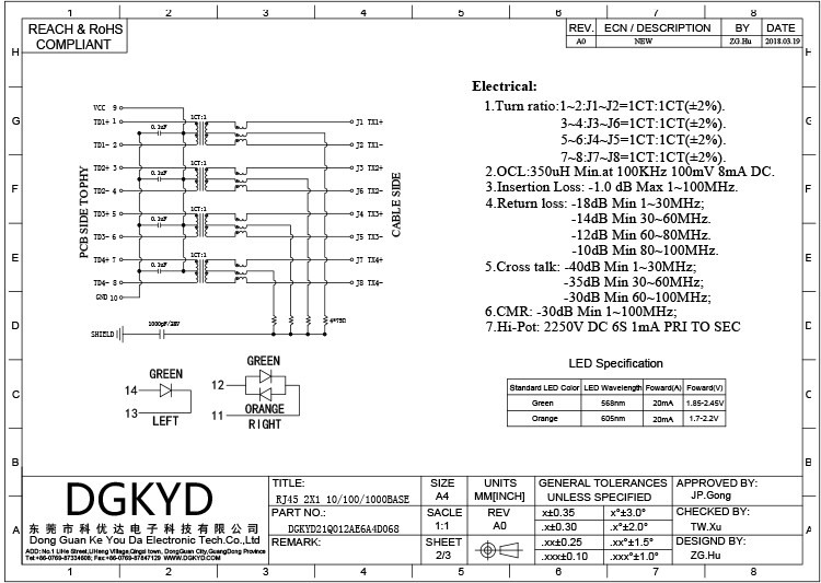 DGKYD21Q012AE6A4D068 2X1 Multiport Connector Gigabit Ethernet Filtering RJ45 Modular Connector Network Jack