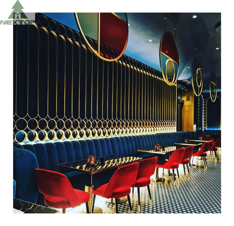 Retro One Stop Solution Bar Restaurant Booth Seating Long Couch Railing Screen Wall Cabinet