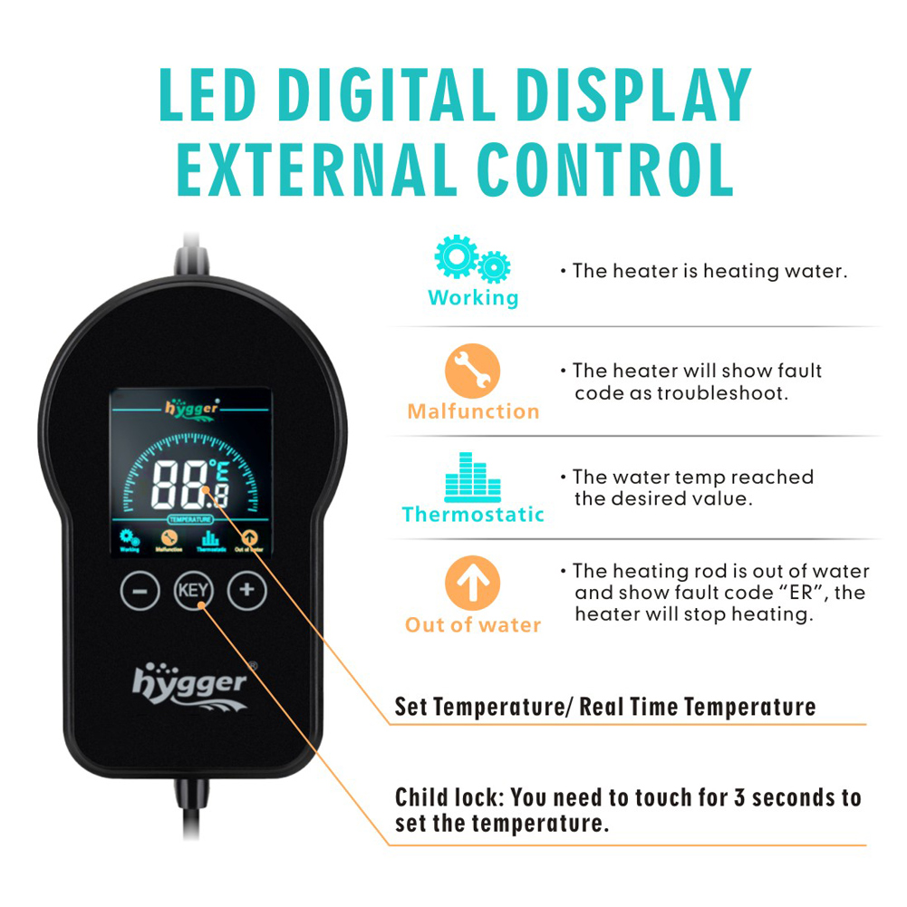500W Submersible Fish Heater Hygger with LED Digital Temperature Controller Quick Heat PTC Fish Tank Heater