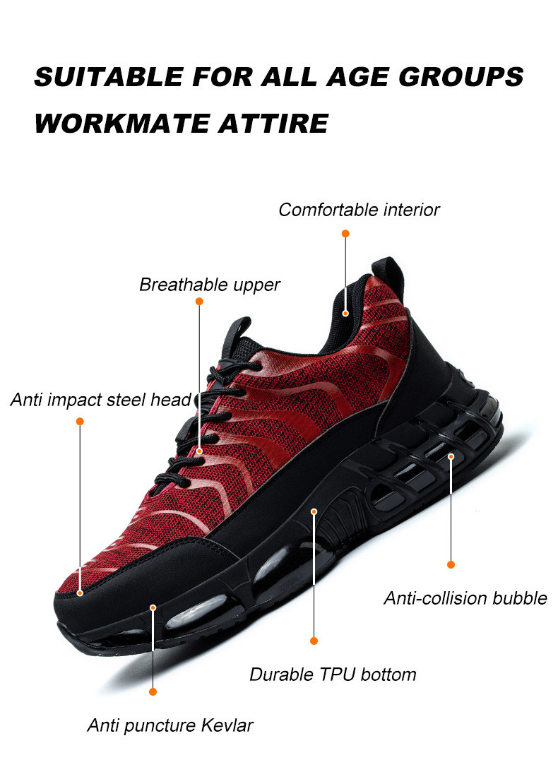 Flyknit Kevlar Air-cushioned Sole Safety Shoes For Industrial Workers In Orange Red Black
