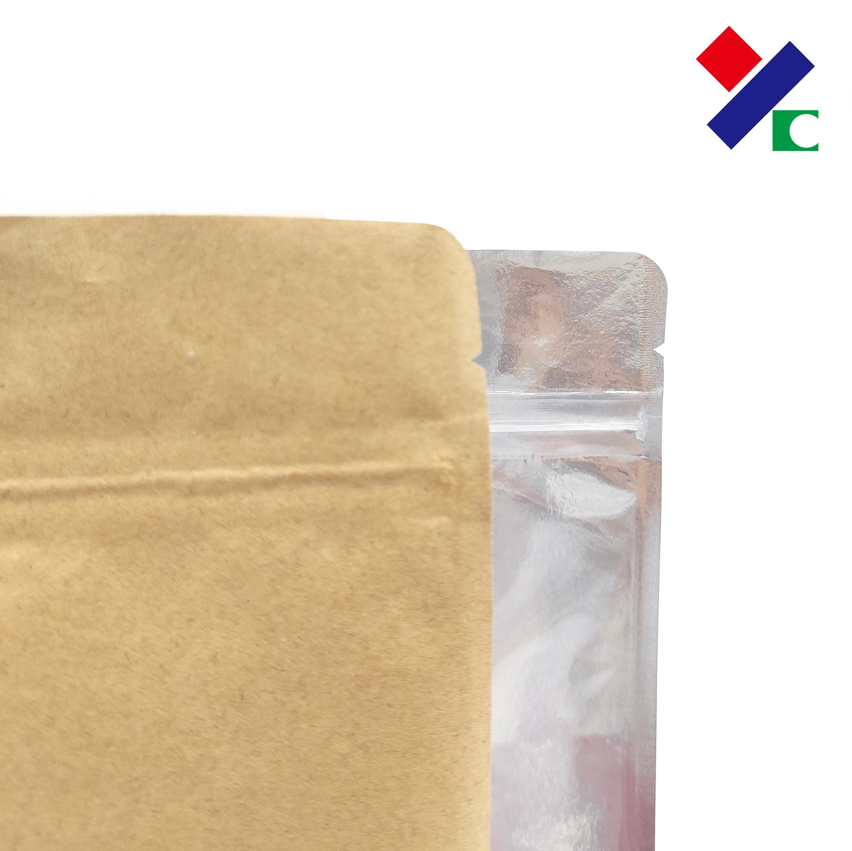 ASTM Kraft Paper Front Clear Stand Up Zipper Pouch Tear Notch Food Grade