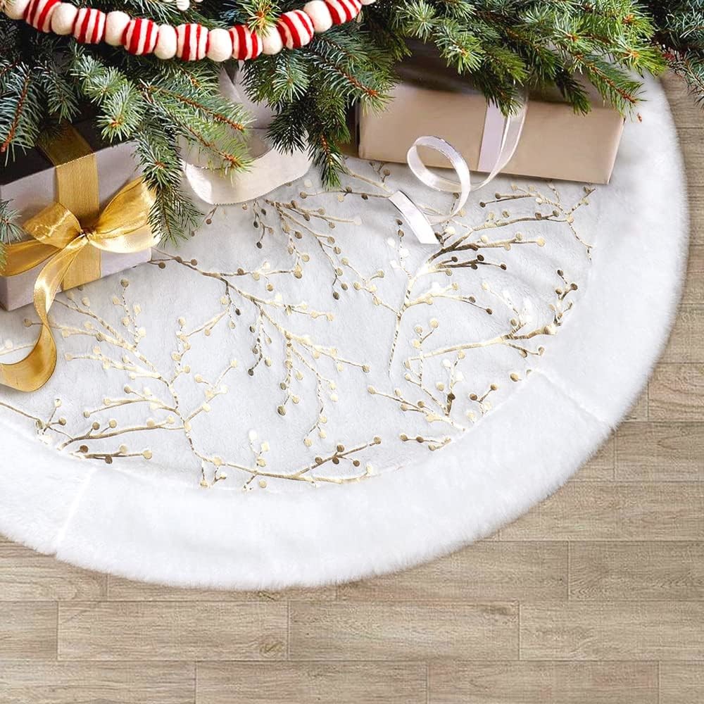 hristmas Tree Skirt with Golden Berries, 32Inches Faux Fur Plush Tree Skirt for Holiday Home Decor Xmas