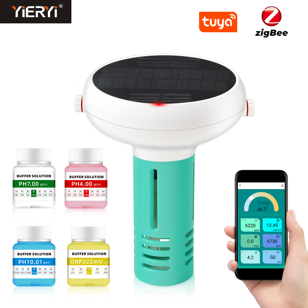Tuya Zigbee Solar Charging Swimming Pool Water Quality Monitor Chlorine Meter PH/ORP/EC/TDS/Salinity