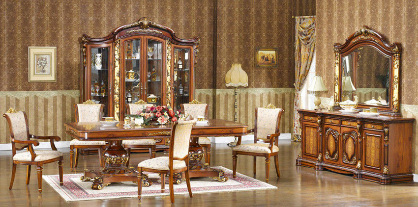 Wooden Carved Flower 6 Seater Dining Table And Chairs ISO14001 European Antique