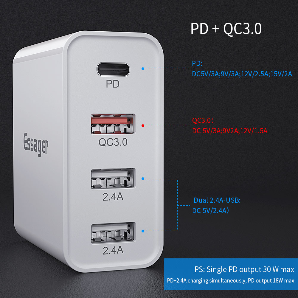 Essager 2021 Earl High-quality Essager 48W PD Charger 4 Port Wall Charger QC3.0 Wall Charger UK US Adapter