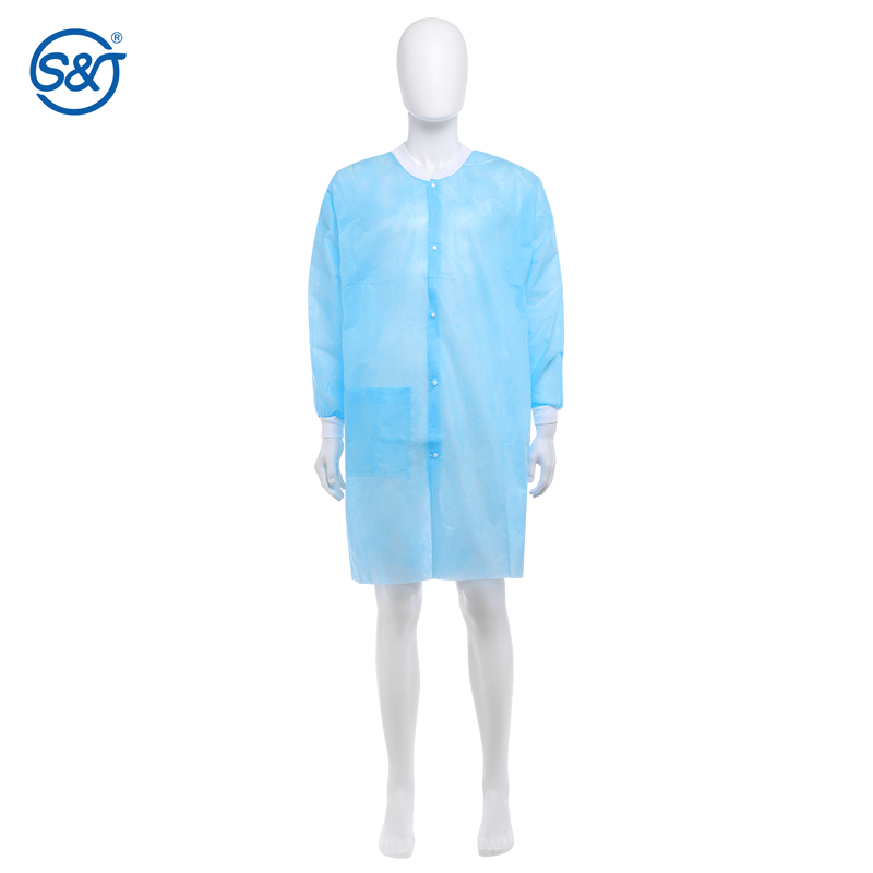 PP Disposable Lab Coat Nonwoven Single Layer Knitted or Elastic Collar and Cuffs Front Button Fly Closure One Pocket